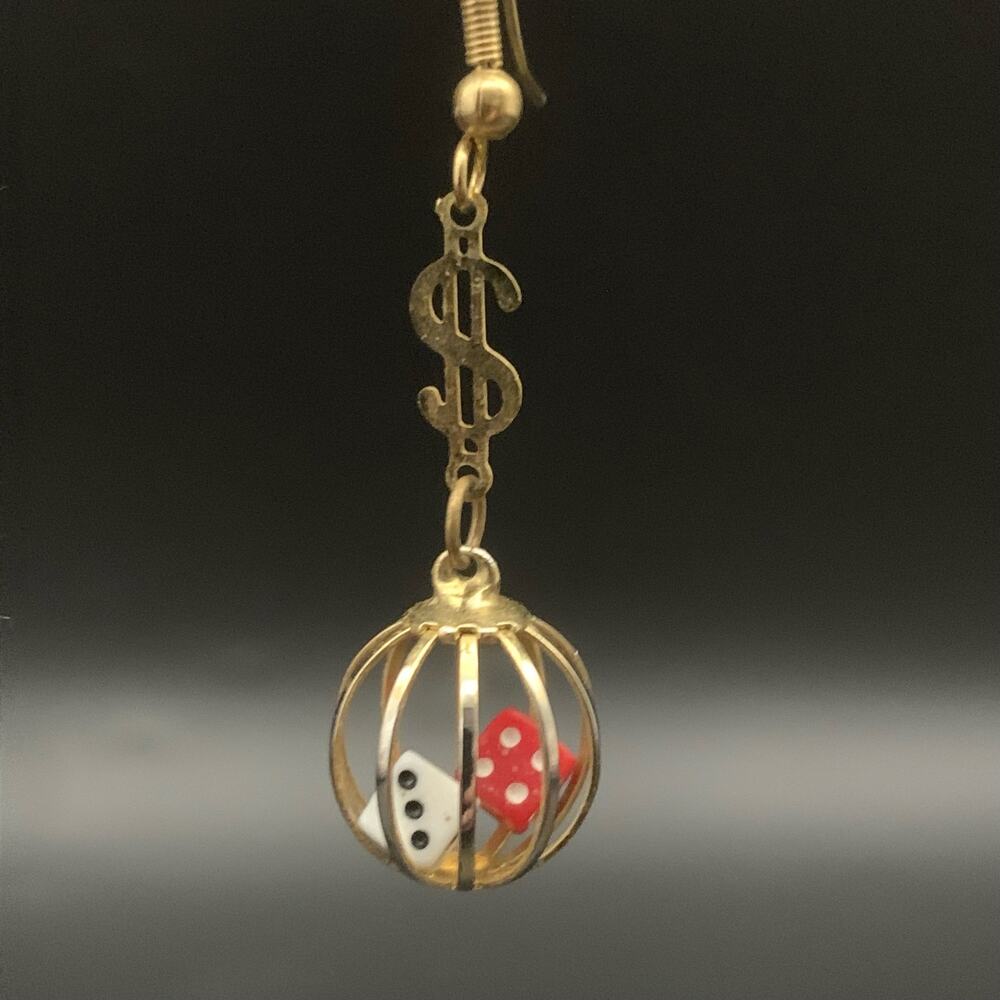 Vintage Caged Dice Dangle Drop Earrings Casino Gambling Lucky Charm Money Sign